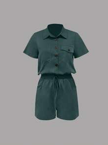 SHEIN LUNE Romper Wanita Kasual Musim Panas Warna Polos Kancing Setengah Resleting Tali Serut di Pinggang - Hijau - View 4