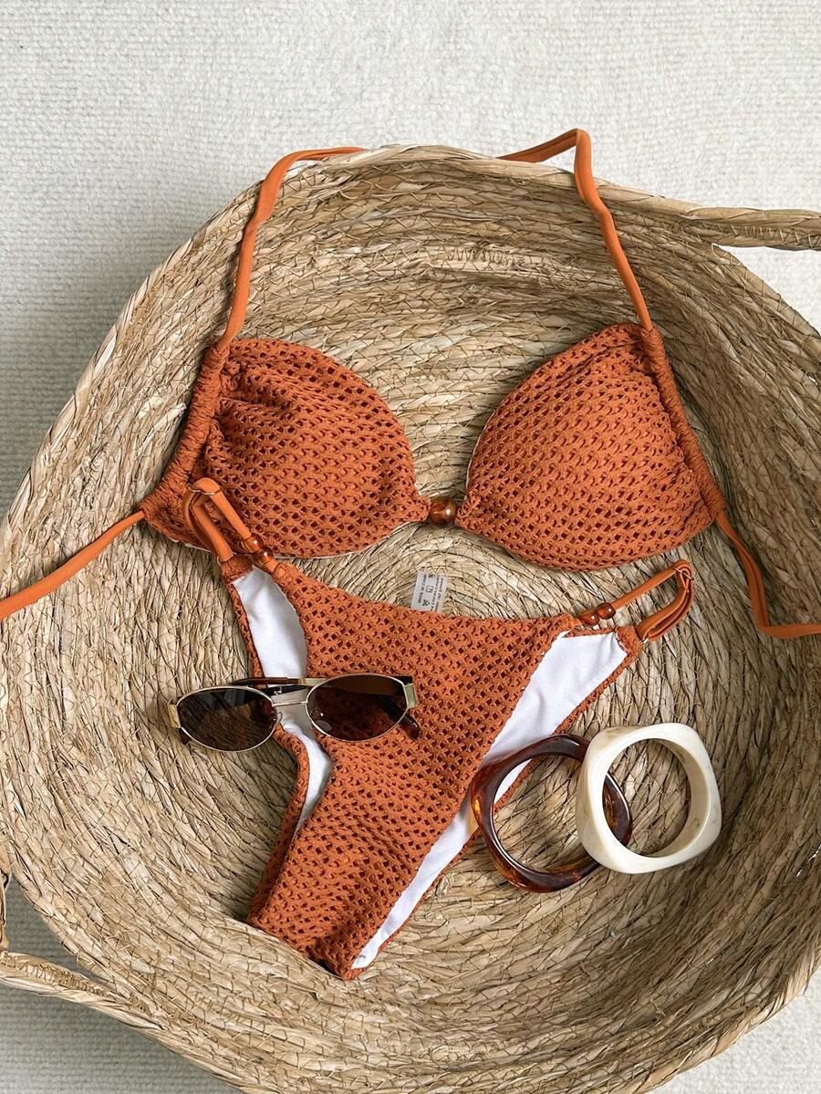 Swim SXY Women's New Spaghetti Strap Backless Halter Swimsuit Top And High Cut Bikini Bottom Sexy Swimwear Set - Brown - View 1