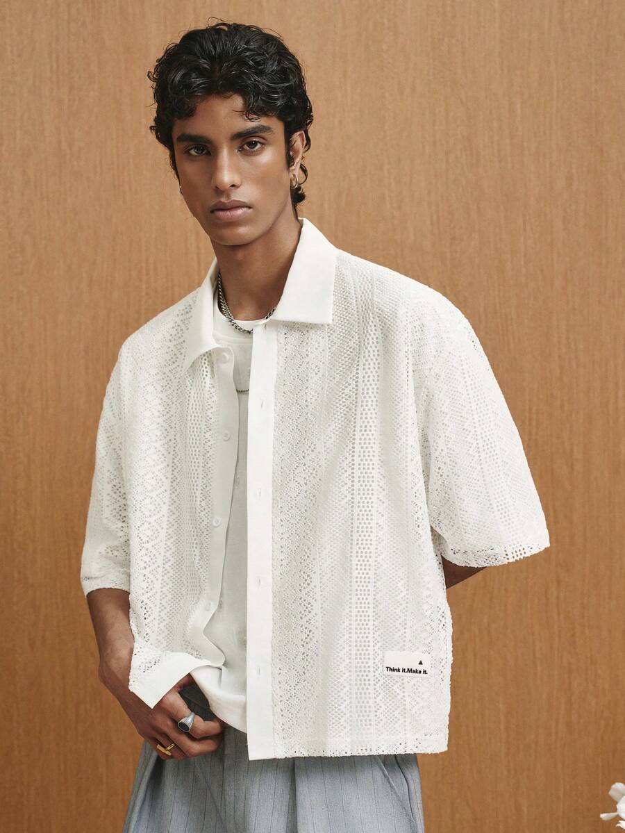 TOKVUE Men's Single-Breasted Casual Loose Hollow Short Sleeve Shirt - White - View 1