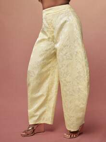 Vixey Floral Print Satin Jacquard Barrel Leg Pants - Yellow - View 5