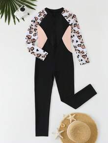 SHEIN 少女连体泳衣，黑粉拼接，长袖长裤，豹纹爱心印花，运动风，时尚优雅，淑女范儿，活泼可爱，充满活力，适合游泳、海滩、泳池、拍照、水上乐园、水疗中心等场合，是夏季礼物的理想之选。 - 黑色 - 查看 3