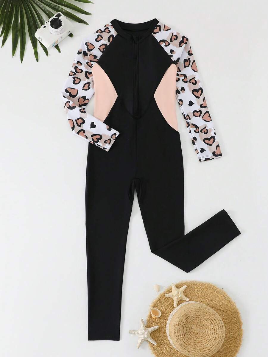 SHEIN Baju Renang Terusan untuk Anak Perempuan Remaja, Motif Patchwork Hitam & Merah Muda, Lengan Panjang & Celana, Motif Hati Macan Tutul, Baju Renang Pelindung Ruam Pantai Musim Panas yang Lucu, Baju Renang Penutup Penuh