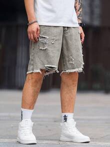 Manfinity Homme 男士春夏休闲破洞牛仔短裤纯色牛仔短裤度假宽松浅灰色牛仔短裤，适合老公、男朋友的礼物 - 淺灰色 - 查看 4