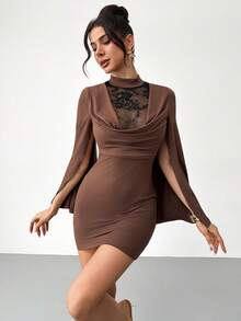 RiviMae Women's Elegant Contrast Lace Open Slit Bodycon Dress - Coffee Brown - View 5