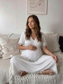 SHEIN Maternity Casual V-Neck Lace Patchwork Dress - White - View 5