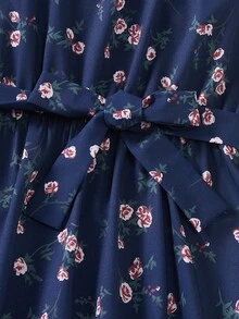 少女度假海滩乡村热带夏季树叶碎花方领花瓣袖系带连衣裙 - 藏蓝色 - 查看 6