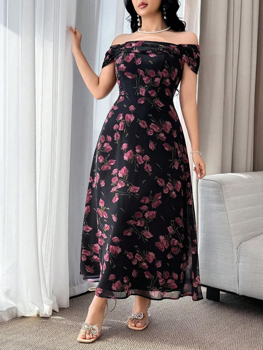 Feyla Plus Size Elegant Floral Print Off Shoulder Dress, Summer Wedding Guest Black And White