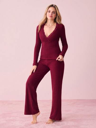 Bonmuse 女士性感纯色蕾丝领长袖上衣和裤子，罗纹柔软舒适睡衣套装，酒红色睡衣套装，秋冬服装