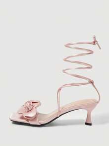 SheIn MOD Giày sandal cao gót nữ kiểu dáng thanh lịch, mũi vuông, gót mỏng, họa tiết hoa cá mòi, màu hồng mùa hè, phong cách La Mã. - Màu Hồng baby - Xem 2