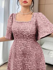 Modelyn Vestido elegante de talla grande con cuello cuadrado, manga corta y volante en la cintura - Rojo - Ver 6