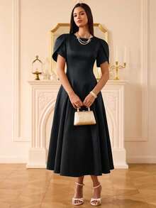 Aveloria Rosie Vestido largo de mujer con diseño de línea A, cuello redondo, mangas de tulipán y abertura en el bajo, de material de satén elegante y de alta gama, estilo europeo y americano - Negro - Ver 4