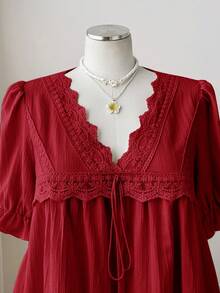 Sweetra Vestido casual, lindo y retro para fiesta o vacaciones, con cuello en V, encaje, parches, mangas cortas con volantes y cintura con lazo, talla grande - Burdeos - Ver 4