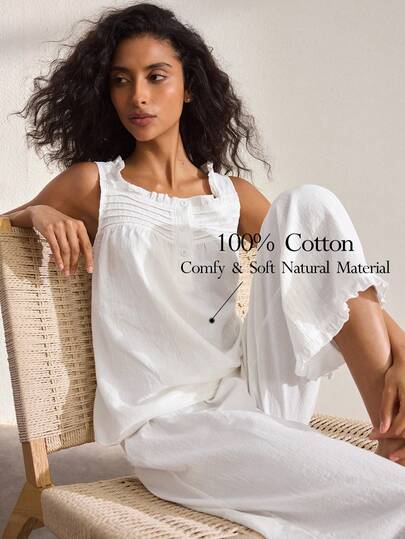 Ocili Women's Solid Color Frill Trim Sleeveless Top And Pants Pajama Set