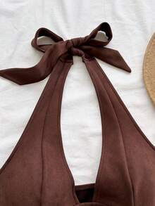 Soleia 新款性感V领系带麂皮解构女式背心，适合假日、约会、下午茶、度假、音乐节、波西米亚风、邮轮、海滩、圣诞节、新年、夜店等场合。 - 咖啡棕 - 查看 6