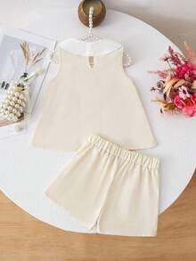 SHEIN Elladie kids Bộ đồ bé gái gồm áo vest xếp ly màu tím dễ thương có nơ trang trí, kết hợp với quần ống rộng thời trang, phù hợp cho mặc hàng ngày và đi làm, phong cách tối giản. - Màu be - Xem 2