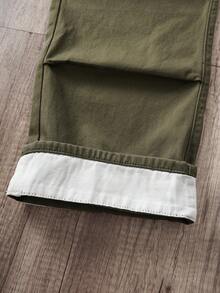 Manfinity Joysei Pantalones vaqueros cargo de pierna ancha con bolsillo con solapa de unicolor, estilo minimalista y casual para hombres - Verde militar - Ver 6
