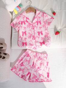 SHEIN Bộ đồ mặc nhà 2 mảnh cho bé gái: áo khoác cardigan và quần short cổ bẻ họa tiết nơ. - Nhiều màu - Xem 5