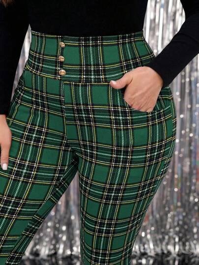 SHEIN Clasi Pantalones pitillo de cintura alta con estampado de cuadros para tallas grandes