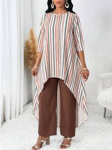 SHEIN Lady 大尺碼女款條紋 3/4 袖不對稱下擺上衣與長褲兩件套，棕色，秋季優雅端莊商務休閒套裝襯衫 - 彩色 - 查看 3