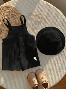 SHEIN Bộ áo liền quần màu trắng đa năng cho bé sơ sinh trai/gái, gồm quần yếm và mũ chống nắng, thích hợp mặc ở nhà hoặc ngoài trời vào mùa xuân/hè. - màu đen - Xem 5