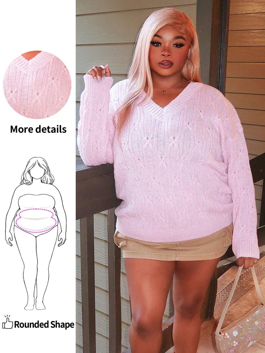 Enliva Plus Size Casual Loose-Fitting V-Neck Sweater With Twisted Knit For Warmth, Suitable For Winter, Vacation, Parties, Music Festivals, Home Wear, Back-To-School Events, As A Gift, And For Shopping. Fall, For Apple Rounded Body Shape - Pink - View 1