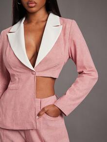 NYA SZN 配套套装（上衣和裤子）上衣长袖西装外套高低摆垂褶领口裤子高腰宽松筒裤细条纹商务休闲奢华优雅女装 - 紅白色 - 查看 6