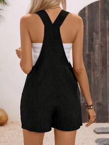 Breezaya 纯色无袖连体裤，带口袋，休闲夏季百搭，打结开衩设计 - 黑色 - 查看 2