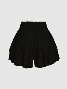 SHEIN LUNE Plus Size Holidaya Paperbag Waist Ruffle Hem Wide Leg Shorts - Black - View 2