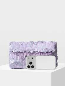 MOTF PREMIUM Túi xách cầm tay vuông giả lông vũ thời trang nữ, thích hợp cho ngày Valentine, phối hoàn hảo với váy dạ hội, phụ kiện dạ hội, váy đính sequin lấp lánh. - Màu tím - Xem 5