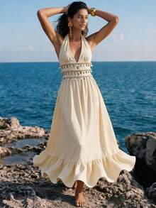 Nevyona 欧美时尚度假休闲褶皱前片花卉蕾丝露背镂空女式夏季无袖连衣裙 - 杏色 - 查看 5