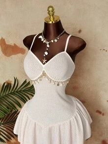 Sunspun Váy ngắn ôm sát, dây mảnh, thích hợp cho kỳ nghỉ hè trên bãi biển. - Màu be - Xem 5