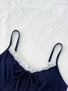 SHEIN 少女撞色蕾丝前系带荷叶边吊带背心 - 藏蓝色 - 查看 3