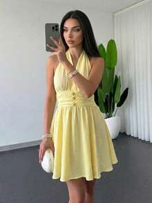 Firerie 女士优雅、精致、浪漫的露背摆裙，适合婚礼宾客、毕业典礼、正式场合穿着。 - 鵝黃色 - 查看 3
