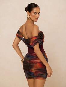 Lumalex 女士扎染印花褶皱修身时尚连衣裙 - 酒紅色 - 查看 3