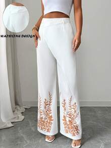 SHEIN Elenzya Women's Elegant Positioned Floral Print White Asymmetrical Asymmetric Hem Pants, Suitable For Dates, Everyday Wear, Work, Casual, Vacation, White Wide Leg Pants Women, White Pants - White - View 1