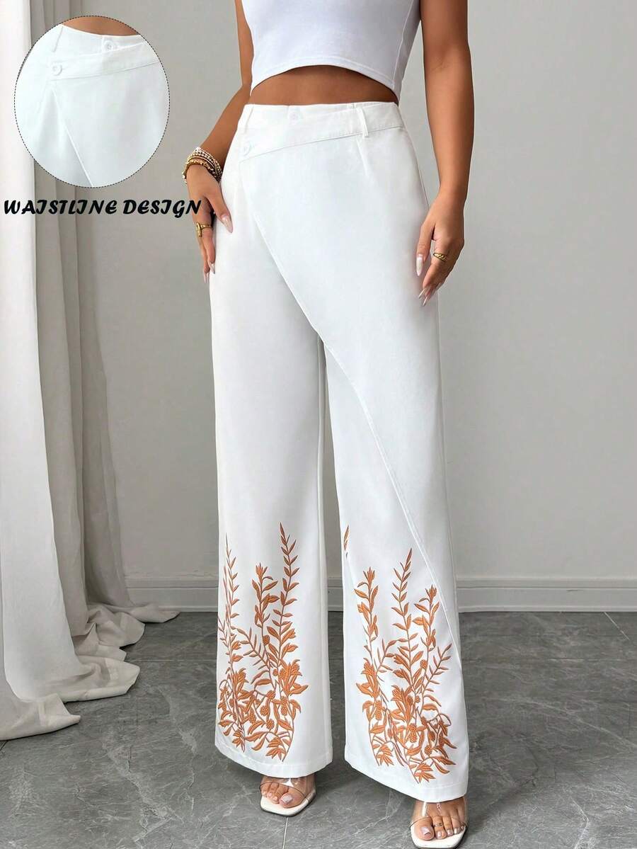 SHEIN Elenzya Women's Elegant Positioned Floral Print White Asymmetrical Asymmetric Hem Pants, Suitable For Dates, Everyday Wear, Work, Casual, Vacation, White Wide Leg Pants Women, White Pants - White - View 1