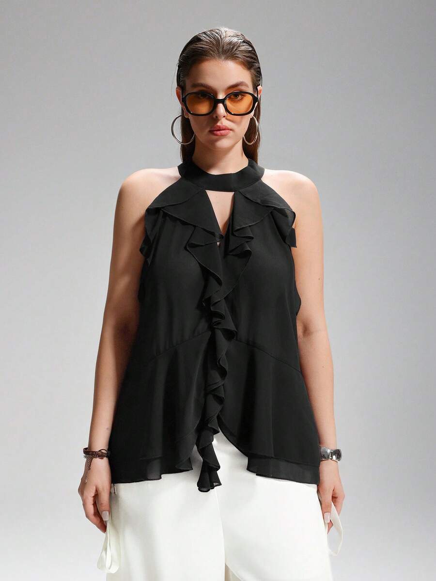 LYSMO Blusa con bufanda anudada minimalista para mujer talla grande - Negro - Ver 1