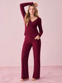 Bonmuse Set Piyama Wanita Seksi Warna Polos Kerah Renda Lengan Panjang Atasan & Celana Bergaris Lembut & Nyaman Warna Burgundy Pakaian Musim Gugur Musim Dingin untuk Musim Panas - Burgundy - View 4