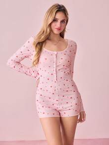 Bonmuse 女士半拉链蝴蝶结爱心印花可爱罗纹针织连体衣，休闲舒适长袖，冬季 - 粉色 - 查看 5