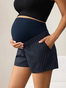 MaterniWear Quần short bà bầu dáng rộng, cạp chun điều chỉnh được, kẻ sọc. - Màu xanh hải quân - Xem 8