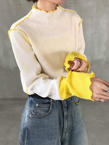 FRIFUL Áo thun nữ cổ cao tay dài ôm sát cổ tay, phối màu, viền lượn sóng, kiểu dáng thường ngày. - Màu be - Xem 4