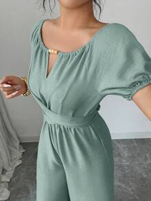 Elegant Women's Wide-Leg Jumpsuit With Round Neck, Long Sleeves, Twisted Waist And Wooden Bead Decoration In Khaki For Everyday Wear - 薄荷綠 - 查看 7