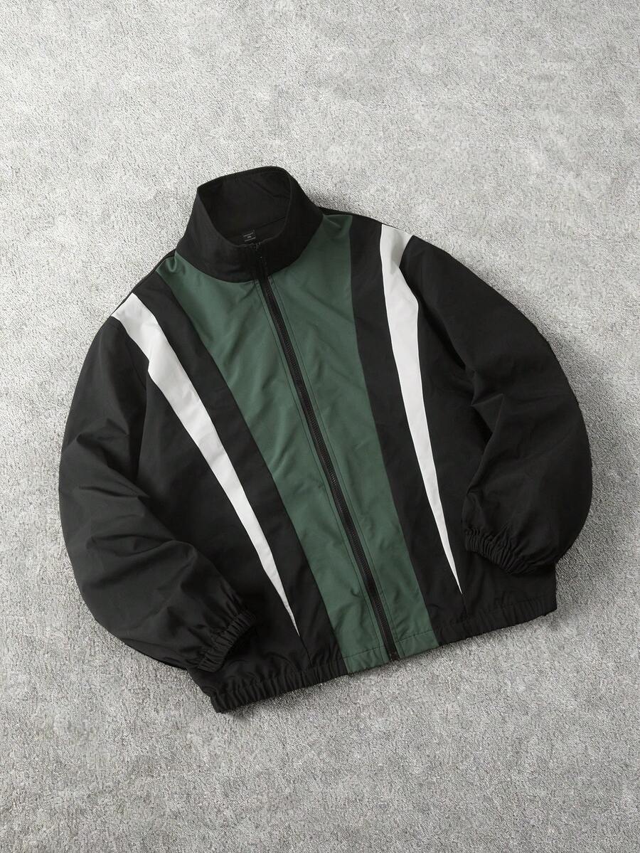 Manfinity EMRG 加大码男士撞色黑绿白风衣 - 綠色 - 查看 1