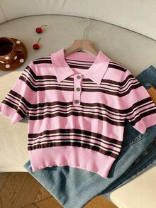 SHEIN EZwear 女士休闲日常条纹多色毛衣 - 粉色 - 查看 4