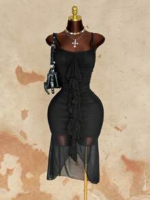 Sunspun Vestido justo sem mangas com detalhes franzidos, tamanho grande - Preto - Ver 7