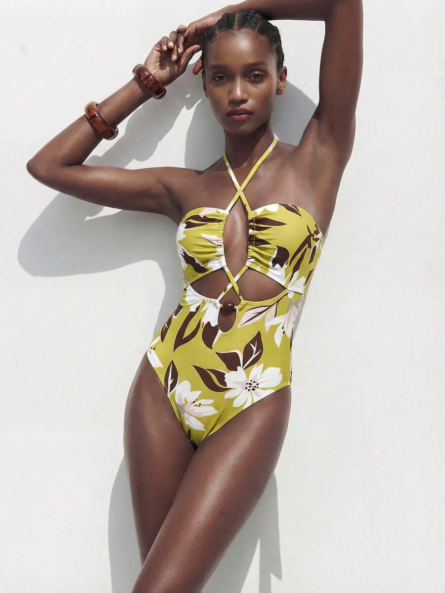 Maija Women's Summer Vacation Beach Floral Print Criss-Cross Halter One-Piece Swimsuit Vacation Bathing Suits Oasis Swimwear Swimsuit Woman Flower Bathing Suit One Piece Swimsuit For Women Beach Outfit For Women Swimwear Floral Swimsuits Women's Swimsuits - Multicolor - View 1