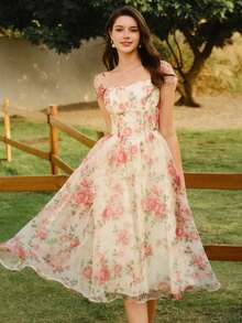 Vintamour Đầm nữ cổ điển thanh lịch, đầm organza in hoa, đầm dài dự tiệc thường ngày, đầm hè cho nữ, trang phục hè cho nữ, đầm xuân cho nữ, đầm lễ Phục sinh cho nữ, trang phục lễ Phục sinh cho nữ, trang phục lễ hội cho nữ, đầm thanh lịch dự tiệc, đầm dự tiệc sang trọng, đầm dự tiệc cho nữ, trang phục dự tiệc, đầm dự đám cưới cho nữ, đầm dự tiệc cưới, đầm tốt nghiệp cho nữ, đầm thanh lịch cho nữ, đầm hoa cho nữ. - Màu be - Xem 1