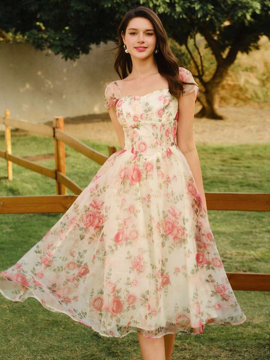 Vintamour Đầm nữ cổ điển thanh lịch, đầm organza in hoa, đầm dài dự tiệc thường ngày, đầm hè cho nữ, trang phục hè cho nữ, đầm xuân cho nữ, đầm lễ Phục sinh cho nữ, trang phục lễ Phục sinh cho nữ, trang phục lễ hội cho nữ, đầm thanh lịch dự tiệc, đầm dự tiệc sang trọng, đầm dự tiệc cho nữ, trang phục dự tiệc, đầm dự đám cưới cho nữ, đầm dự tiệc cưới, đầm tốt nghiệp cho nữ, đầm thanh lịch cho nữ, đầm hoa cho nữ. - Màu be - Xem 1