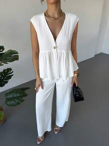 Firerie Bộ đồ nữ đơn sắc tối giản gồm áo không tay và quần, thích hợp mặc hàng ngày. - Màu be - Xem 8