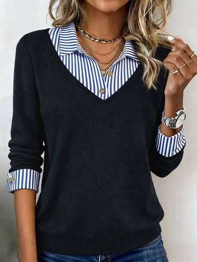 EMERY ROSE Women Casual 2 In 1 Patchwork Top, Versatile For Daily Wear